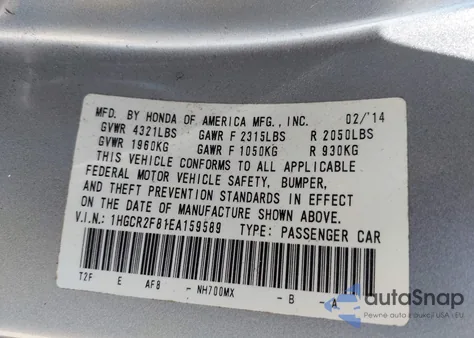 2014 Honda Accord Ex-L from USA, damaged, VIN 1HGCR2F81EA159589